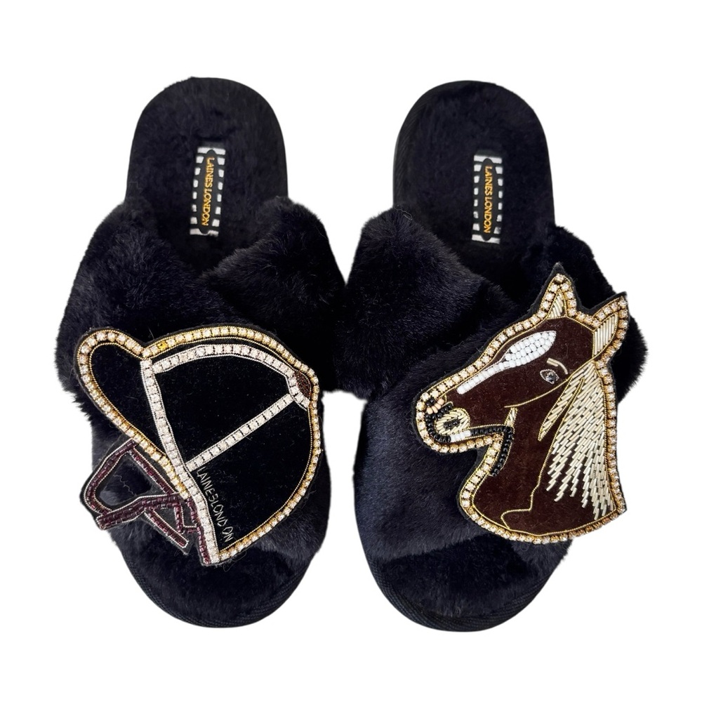 LAINES LONDON BLACK HORSE & HELMET SLIPPERS SZ M